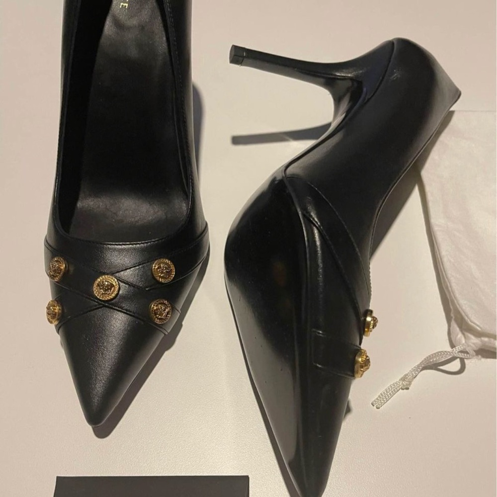 Versace Black Heels with Gold Medallions